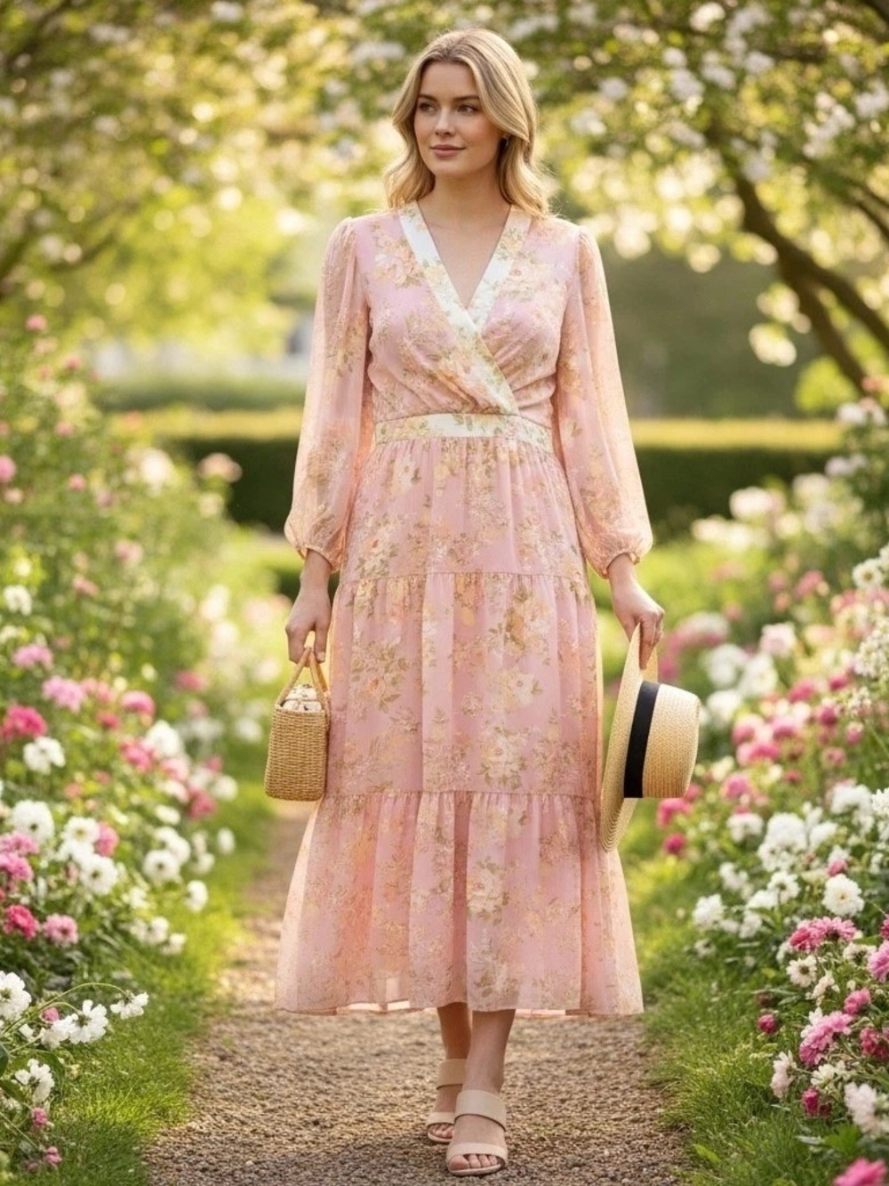 TAYLOR Faux Wrap Midi Dress Tiered